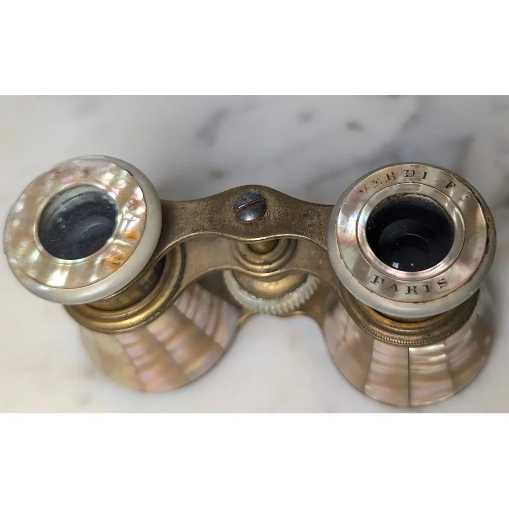 Antique French Mother of Pearl Brass Opera Glasses Le Souverain Paris Binoculars